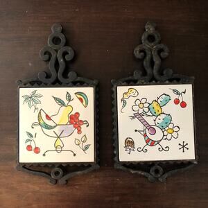 Vintage Cast Iron Trivet Ceramic Tile Japan 70’s MCM Multi Color Fruit & Flowers